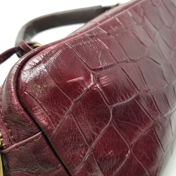 Badgley Mischka Dark Burgundy Red Faux Croc Embossed Leather & Brown Handbag - Picture 9 of 16